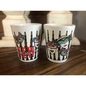 Vintage Shot Glasses New Orleans Jazz Music MARDI GRAS‎ MASK White Ceramic VIVID